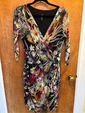 Elana Kattan Floral Crossover Dress with 3/4 sleeves. Size L.